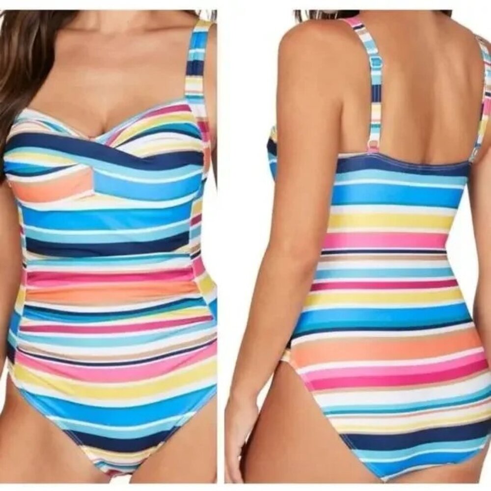 Nip Tuck Swimsuit Size 10 One Piece Rainbow Stripe Lined Shelf Bra NWT